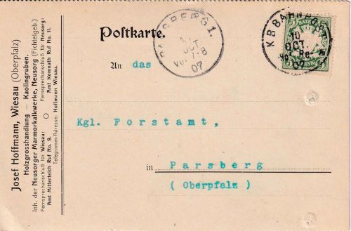 Bayern - Hof Regensburg 5 Bahnpost Karte Wiesau - Parsberg 1907