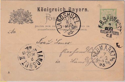 Bayern - Plattling Rosenheim CII Bahnpost-K1 3 Pfg. Ganzsache Gangkofen 1885