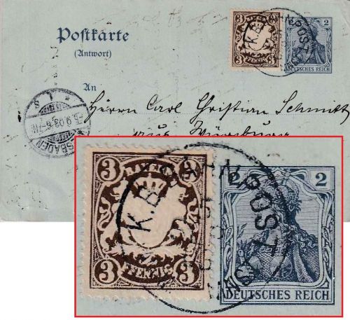 Bayern - Langmeil Münster Bahnpost-K1 2 Pfg. Germania Ganzsache/MIF Bayern 1903