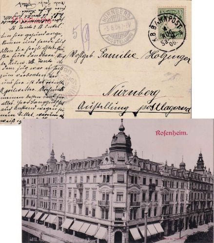 Bayern - Salzburg München 5 Bahnpost-K1 Karte Rosenheim - Nürnberg Ausstellung !