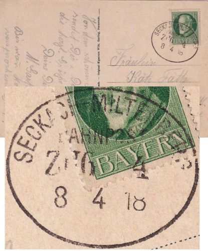 Bayern - Seckach Miltenberg Zug 4 RP-Bahnpost Karte Amorbach Offenbach a/M 1918