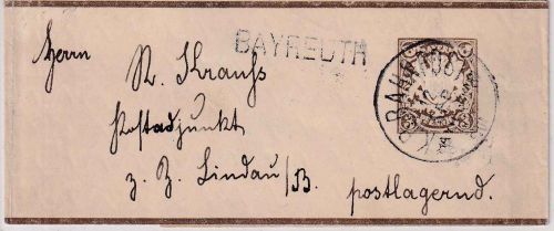 Bayern - Bayreuth Schnabelwaid CIII Bahnpost K1 3 Pfg. Ganzsachenstreifband