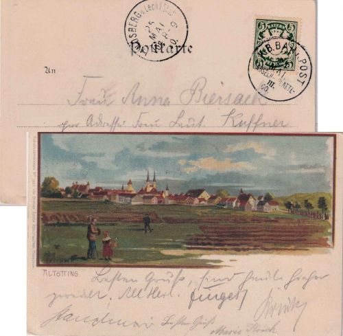 Bayern - Plattling Rosenheim III Bahnpost K1 AK Altötting n. Landsberg 1900