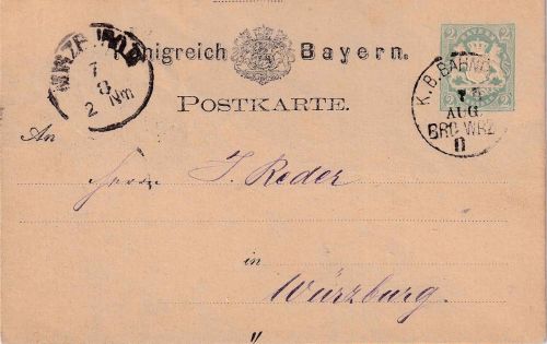 Bayern - Bamberg Würzburg II Bahnpost K1 2 Kr. Ganzsachenkarte n. Würzburg