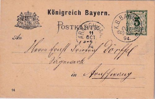 Bayern - Bamberg München C. Bahnpost K1 5 Pfg Ganzsachenkarte Bamberg 11.10.1894