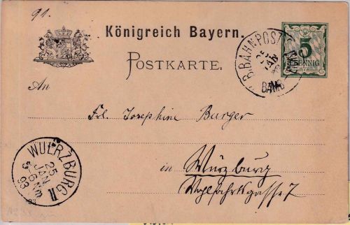 Bayern - Bamberg Eichstätt C. Bahnpost K1 5 Pfg Ganzsachenkarte Erlangen 1893