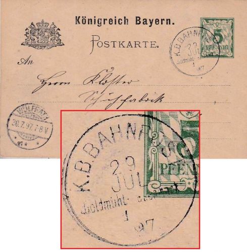 Bayern - Goldmühl Neuenmarkt I Bahnpost K1 5 Pfg. Ganzsache Berneck 1897