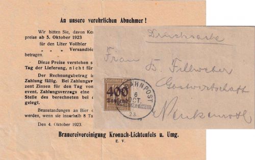 DR-Infla - Neuses b. Kronach Weissenburg Bahnpost K1 Drucksache 6.10.23