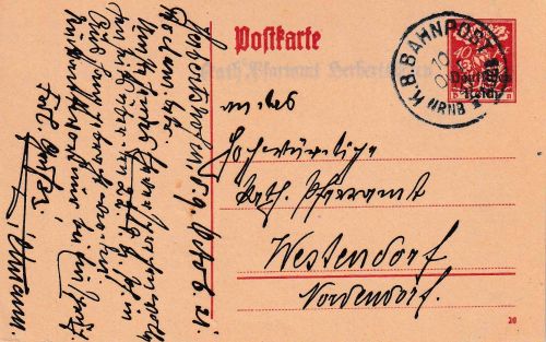 DR-Infla - Nürnberg II Augsburg Bahnpost-K1 40 Pfg. Ganzsachenkarte 1921