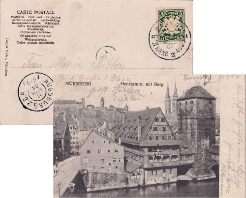 Bayern - Nürnberg IV Augsburg Bahnpost-K1 5 Pfg. AK Nürnberg - Augsburg 1904