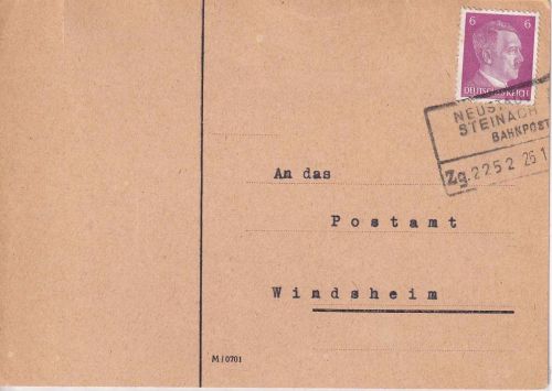 DR - Neustadt Steinach Bahnpost Zg. 2252 apt. Ra4 Karte Windsheim 26.1.45