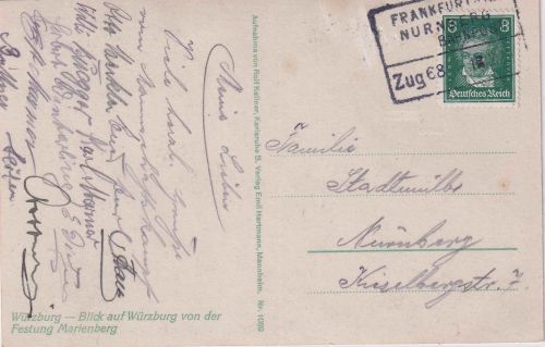 DR - Frankfurt a.M. Nürnberg Bahnpost Zug 68 apt. Ra4 Karte Würzburg 1928