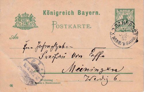 Bayern - Nürnberg Bamberg I Bahnpost-K1 5 Pfg. Ganzsachenkarte Erlangen 1902