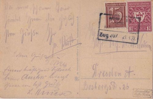 DR-Infla - Nürnberg Hof Zug 207 apt. Bahnpost-Ra4 AK Maintal n. Dresden 1922