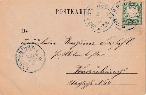 Bayern - Herzogenaurach Erlangen II Bahnpost-K1 5 Pfg. Karte n. Straubing 1902