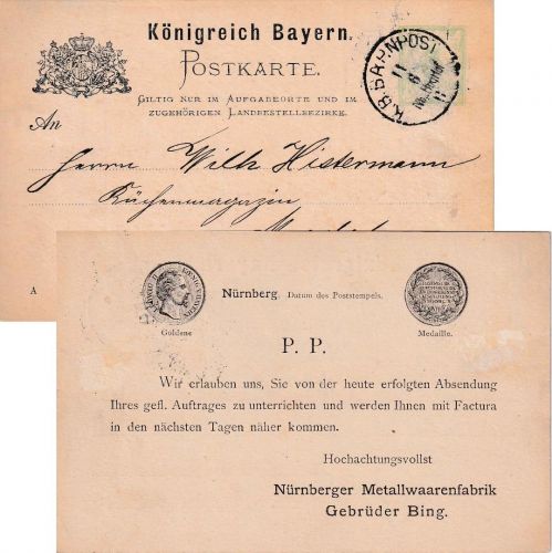 Bayern - Nürnberg Bamberg Hof II Bahnpost-K1 3 Pfg. Ganzsachenkarte ca. 1890