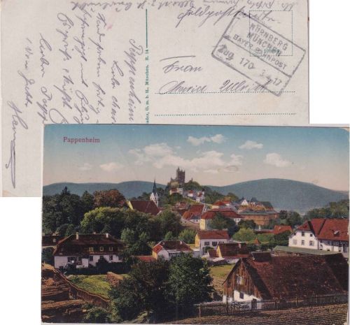 Bayern - Nürnberg München Zug 170 Bahnpost-Ra4 AK Pappenheim - München 1917