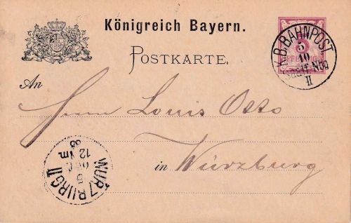 Bayern - Saalfeld Nürnberg II Bahnpost-K1 5 Pfg. Ganzsache n. Würzburg 1888