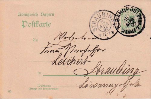 Bayern - Saalfeld Nürnberg I Bahnpost-K1 5 Pfg. Ganzsache n. Straubing 1905
