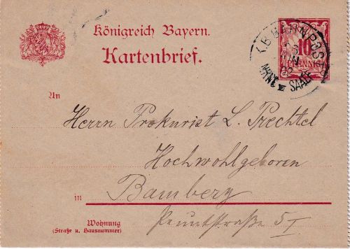 Bayern - Nürnberg Saalfeld II Bahnpost-K1 10 Pfg. Ganzsachenkartenbrief Fürth