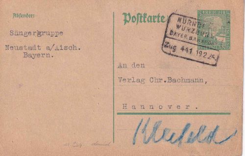 DR - Nürnberg Würzburg Zug 441 Bahnpost-Ra4 5 Pfg. Ganzsachenkarte Neustadt 1926