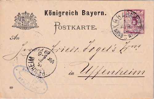Bayern - Nürnberg Würzburg II Bahnpost-K1 5 Pfg. Ganzsachenkarte Nürnberg 1889