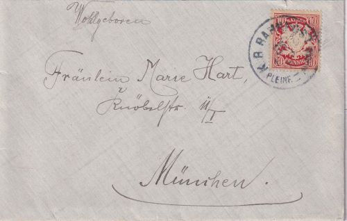 Bayern - Pleinfeld Augsburg Bahnpost-K1 10 Pfg. Brief n. München 1911