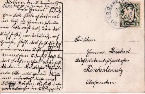 Bayern - Steinach I Windsheim Bahnpost-K1 5 Pfg. Karte Illesheim 1910