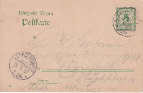 Bayern - Windsheim Steinach Bahnpost-K1 5 Pfg. Ganzsache Obernbreit 1907