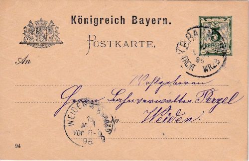 Bayern - Treuchtlingen Würzburg Bahnpost-K1 5 Pfg. Ganzsache Burgbernheim 1896