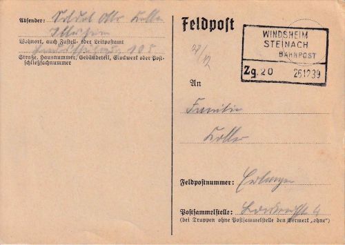 DR- Windsheim Steinach Zug 20 apt. Bahnpost-Ra4 Feldpostkarte Illesheim 26.12.39