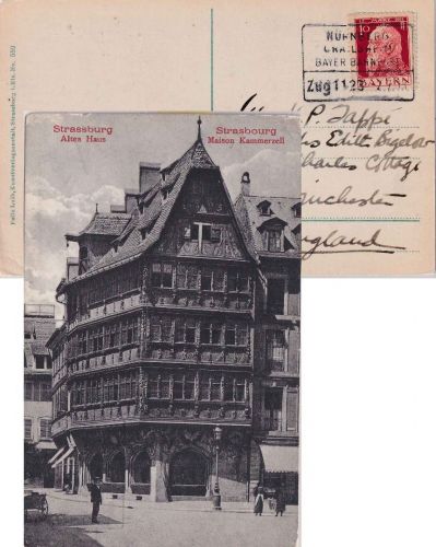Bayern - Nürnberg Crailsheim Zug 1123 Bahnpost-Ra4 Karte n. ENGLAND 1913