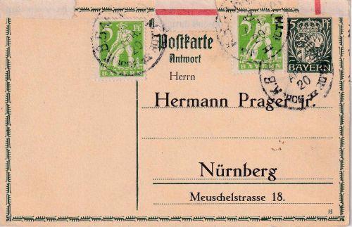 Bayern - Greding II Roth b. Nbg. Bahnpost-K1 GA+Zusatz n. Nürnberg 12.4.20