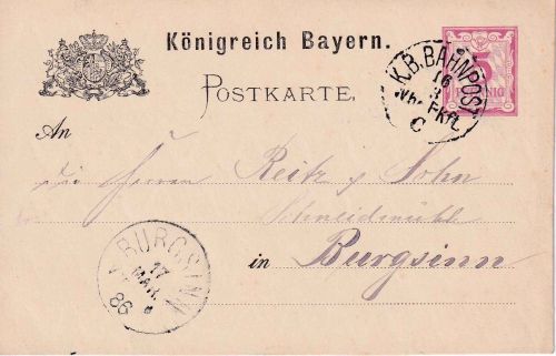 Bayern - Nürnberg Frankfurt C. Bahnpost-K1 Ganzsache n. Burgsinn 1886