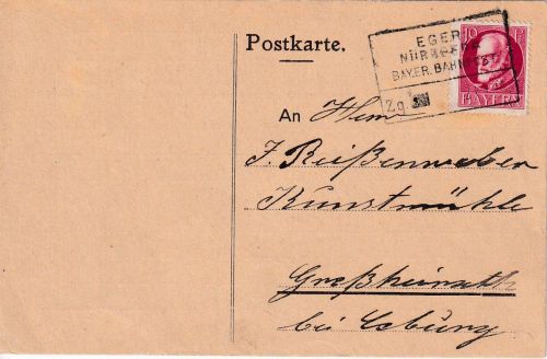 Bayern - Eger Nürnberg Zg. Bahnpost-Ra4 Karte Lauf - Großheirath 1919