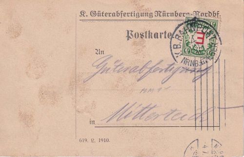 Bayern - Nürnberg III Eger Bahnpost-K1 Dienstkarte Nürnberg - Mitterteich 1911