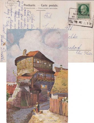 Bayern - Nürnberg Hersbruck Zg.46 (?) Bahnpost-Ra2 Karte Lauf - Rückersdorf 1918