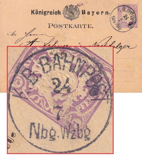 Bayern - Nürnberg Würzburg Bahnpost-K1 5 Pfg. Ganzsache n. Fürth 1877