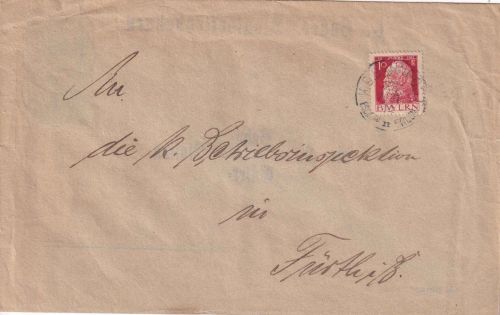 Bayern - Eschenau II Erlangen Bahnpost-K1 10 Pfg. Dienstbrief n. Fürth 1914
