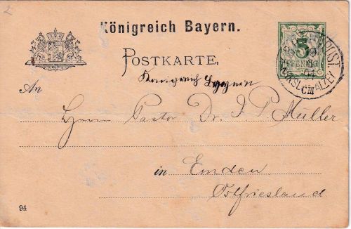 Bayern - Kaiserslautern CIII Alzey Bahnpost-K1 5 Pfg. Ganzsache n. Emden 1894