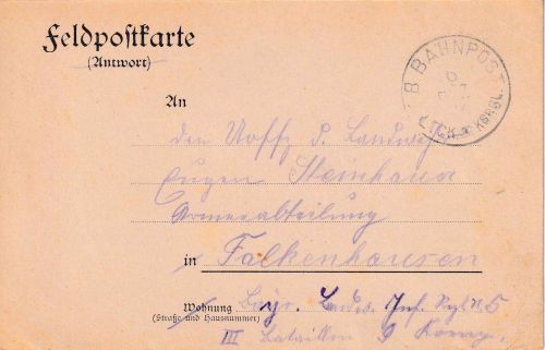 Bayern - Lauterecken I Kaiserslautern Bahnpost-K1 Feldpostkarte Wolfstein 1914