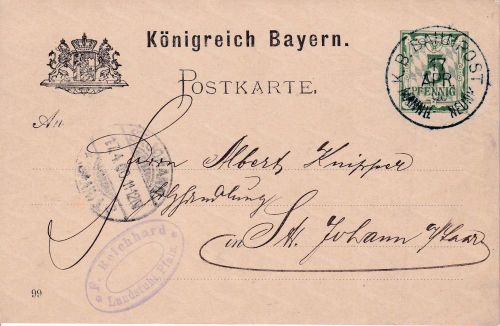 Bayern - Mannheim Neunkirchen Bahnpost-K1 5 Pfg. Ganzsache Landstuhl -1900