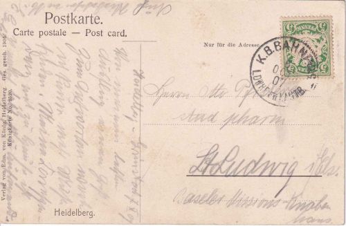 Bayern - Ludwigshafen CII Lauterburg Bahnpost-K1 AK Heidelberg - St. Ludwig 1907