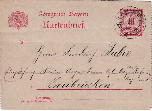 Bayern - Münster III Kaiserslautern Bahnpost-K1 10 Pfg. GA-Vds. 1897