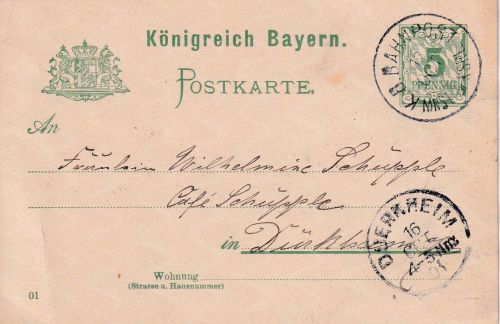 Bayern - Münster CII Kaiserslautern Bahnpost-K1 5 Pfg. Ganzsache 1901