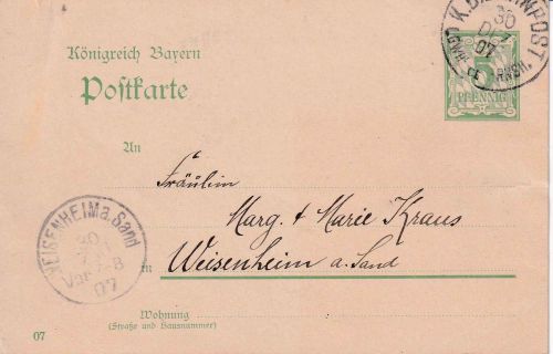 Bayern - Ludwigshafen CI Freinsheim Bahnpost-K1 5 Pfg. Ganzsache Lambsheim 1907