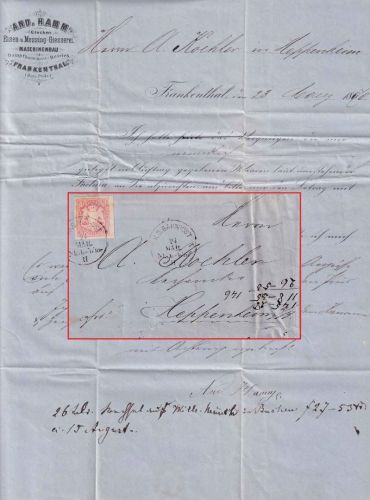 Bayern - Neunkirchen Worms II Bahnpost-K1 3 Kr. Brief Frankenthal 1870