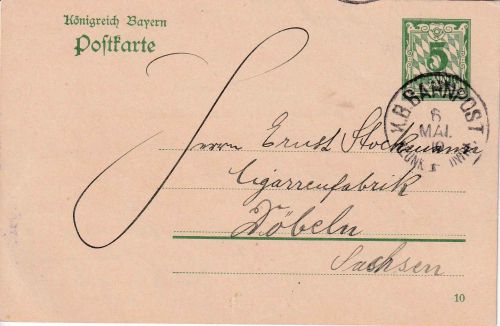 Bayern - Neunkirchen I Ludwigshafen Bahnpost-K1 5 Pfg. Ganzsache n. Döbeln 1910
