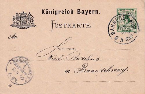 Bayern - Neustadt I Marnheim Bahnpost-K1 5 Pfg. Ganzsache Wachenheim 1899