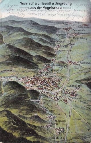 Bayern - Neustadt Haardt Vogelperspektive (inkl. Bahnlinie !) gelaufen 1912